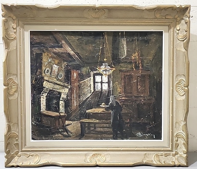 Lucien Marie Le Gardien Signed Framed Oil Painting Of Interior Room Scene With Ornate Floral Frame: 28x25x4 5lb attention – shipping artwork is very expensive. The shipping price shown in the listing is the liveshipping service by liveauctioneers. We offer our own in-house shipping as well