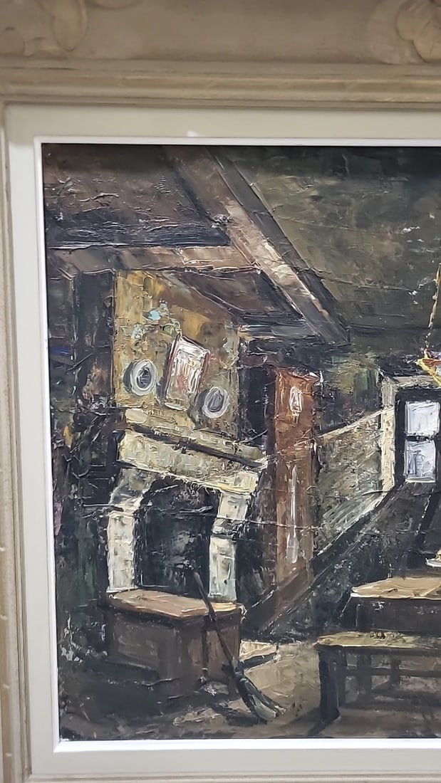 Lucien Marie Le Gardien Signed Framed Oil Painting Of Interior Room Scene With Ornate Floral Frame - 3