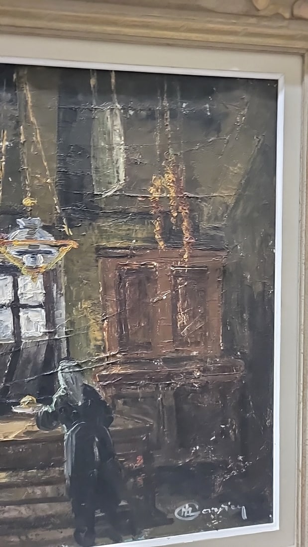 Lucien Marie Le Gardien Signed Framed Oil Painting Of Interior Room Scene With Ornate Floral Frame - 4
