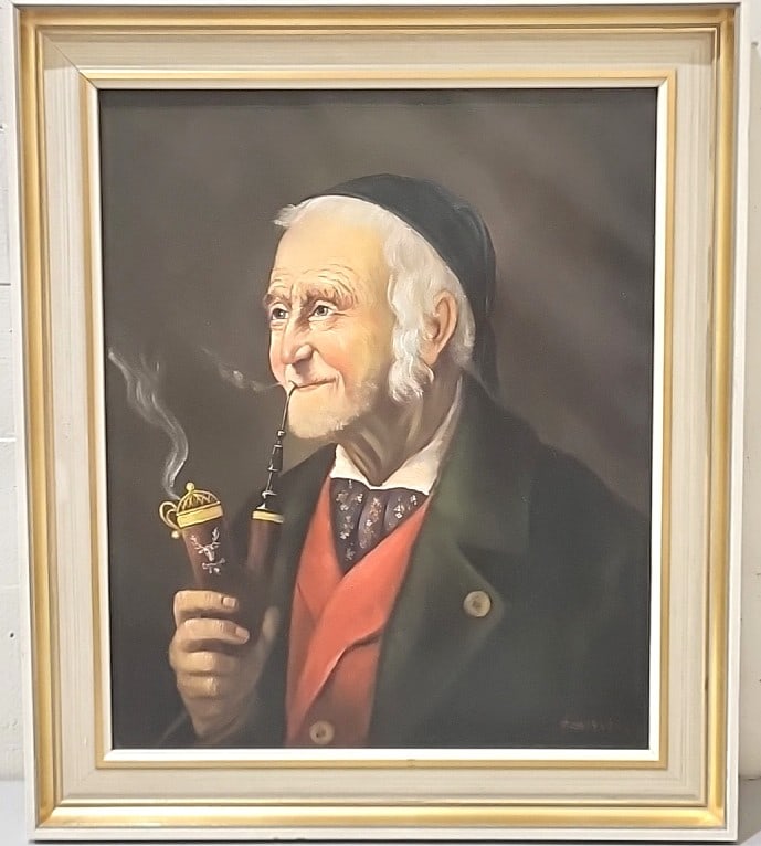 Signed Framed Oil On Canvas Portrait Of Elderly Man Smoking Pipe Holding Lidded Stein: 24. 5x28. 5x3 5lb attention – shipping artwork is very expensive. The shipping price shown in the listing is the liveshipping service by liveauctioneers. We offer our own in-house shipping as we