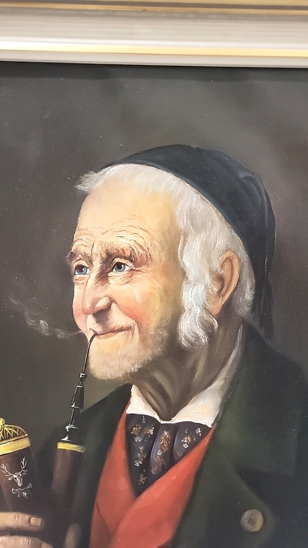 Signed Framed Oil On Canvas Portrait Of Elderly Man Smoking Pipe Holding Lidded Stein - 2