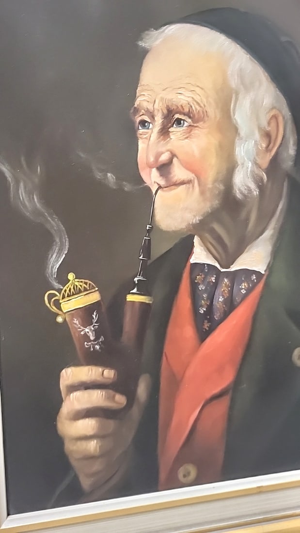 Signed Framed Oil On Canvas Portrait Of Elderly Man Smoking Pipe Holding Lidded Stein - 3