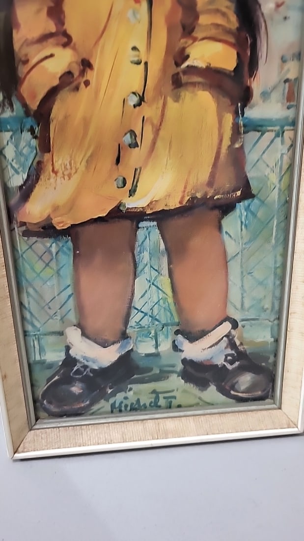 Michel Thomas Framed Big-eyed Girl Painting Signed Yellow Coat Wall Art - 3