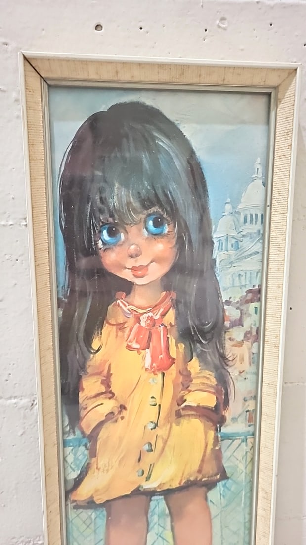 Michel Thomas Framed Big-eyed Girl Painting Signed Yellow Coat Wall Art - 4