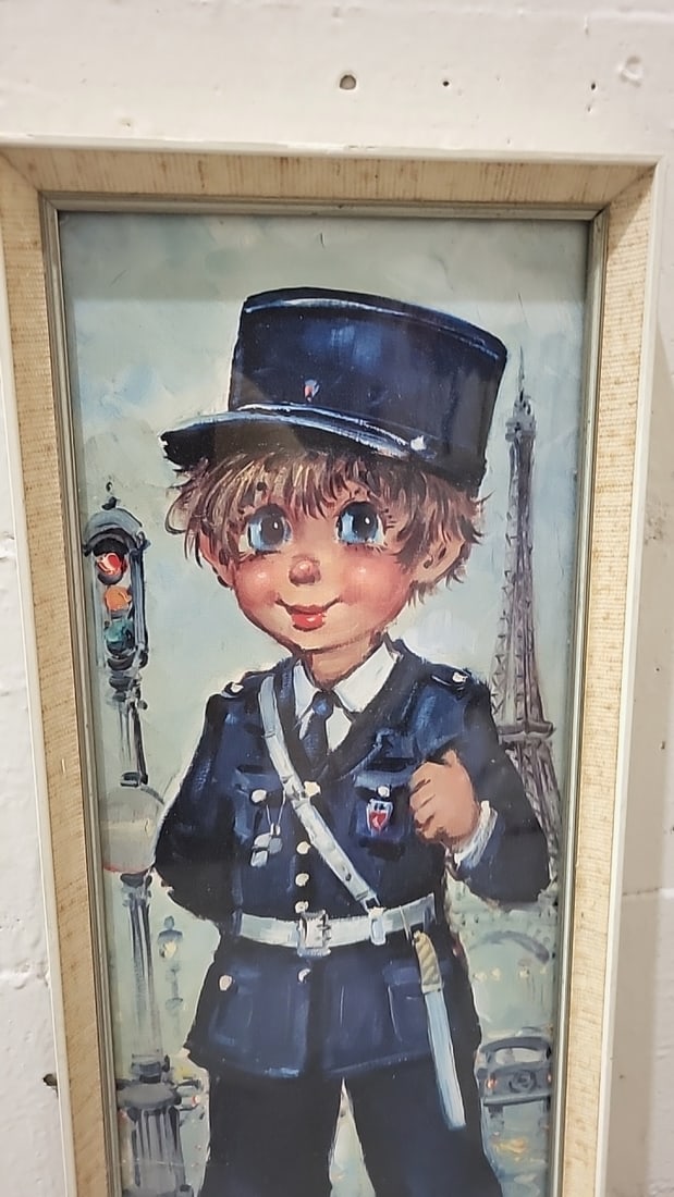 Michel Thomas Framed Signed Paris Gendarme Boy Artwork With Eiffel Tower - 2