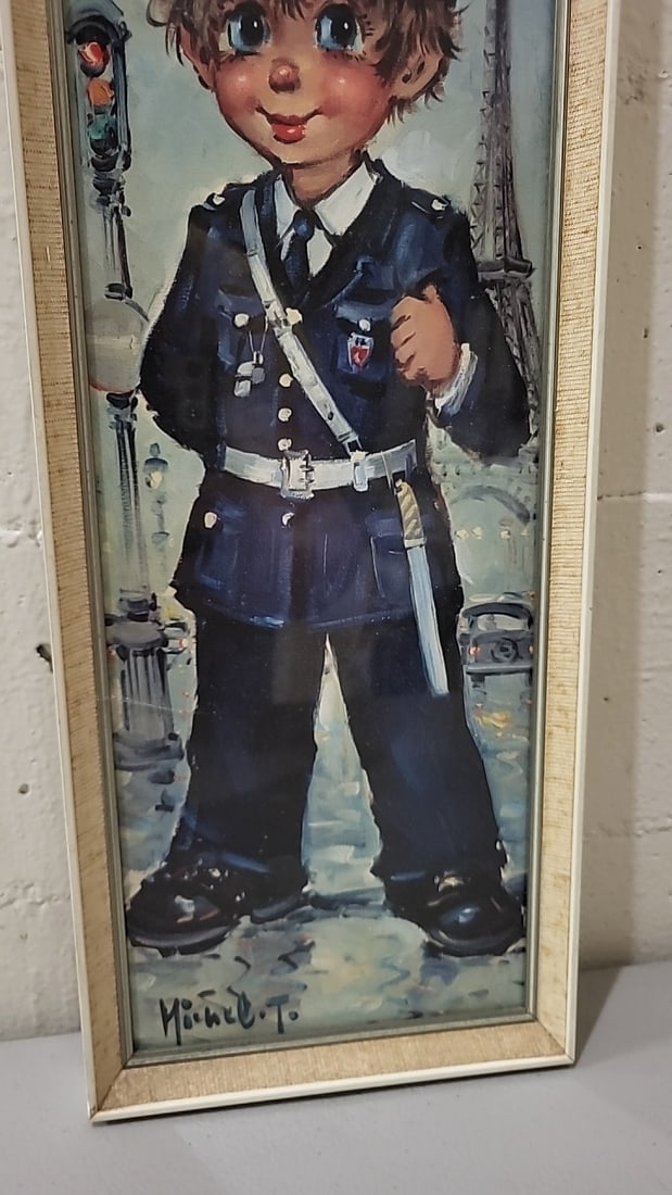 Michel Thomas Framed Signed Paris Gendarme Boy Artwork With Eiffel Tower - 3