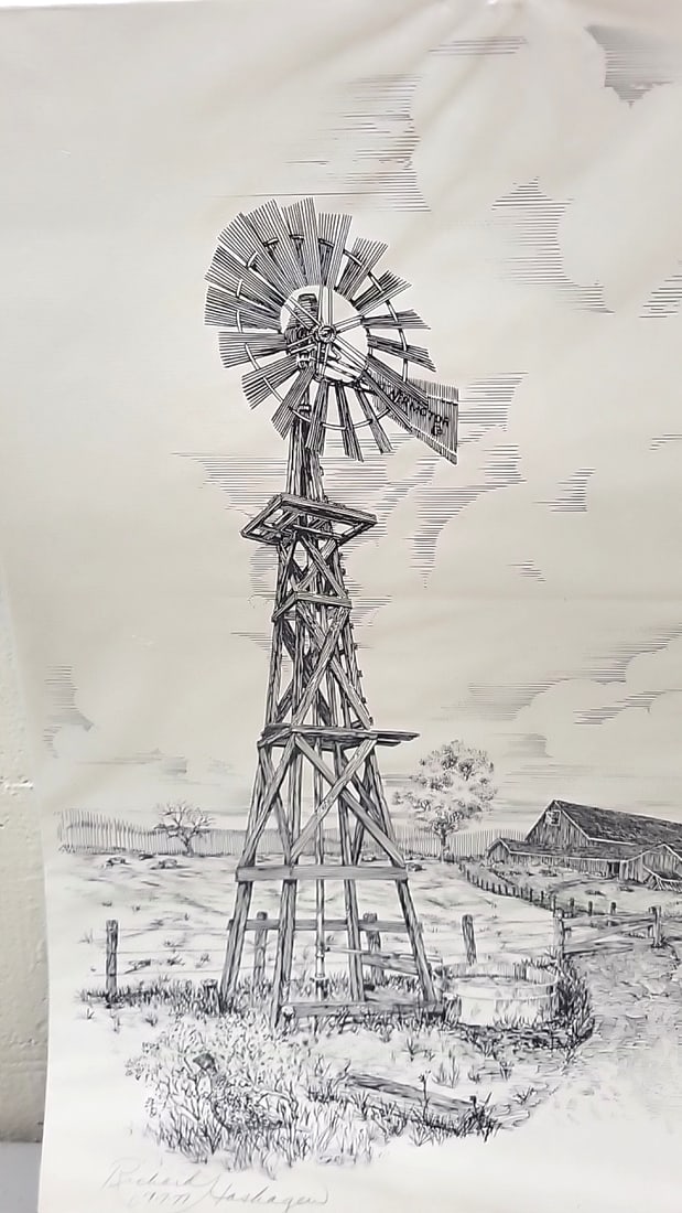 Richard Hashegen Signed Limited Edition Windmill Farm Barn Pen Ink Print - 2