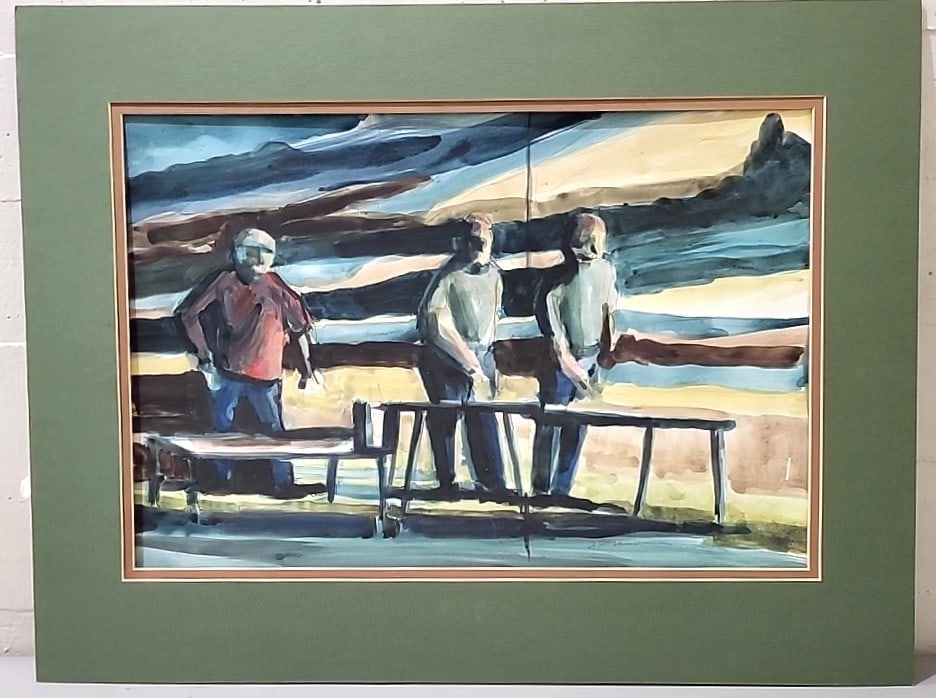 Framed Watercolor Painting Of Three Figures By Fence With Green Mat: 34x26 5lb attention – shipping artwork is very expensive. The shipping price shown in the listing is the liveshipping service by liveauctioneers. We offer our own in-house shipping as well which