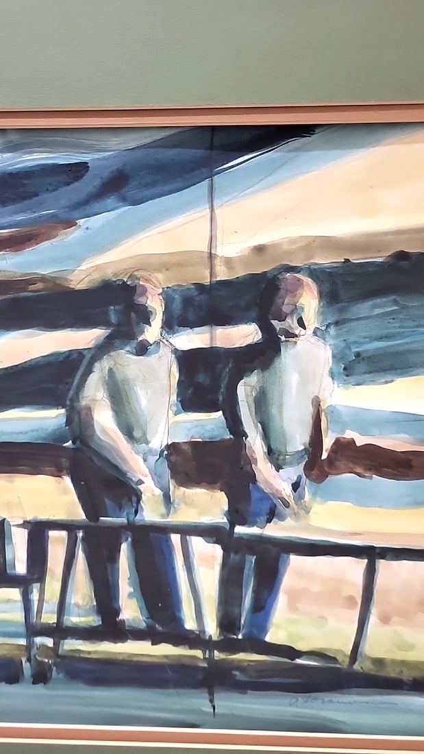 Framed Watercolor Painting Of Three Figures By Fence With Green Mat - 3