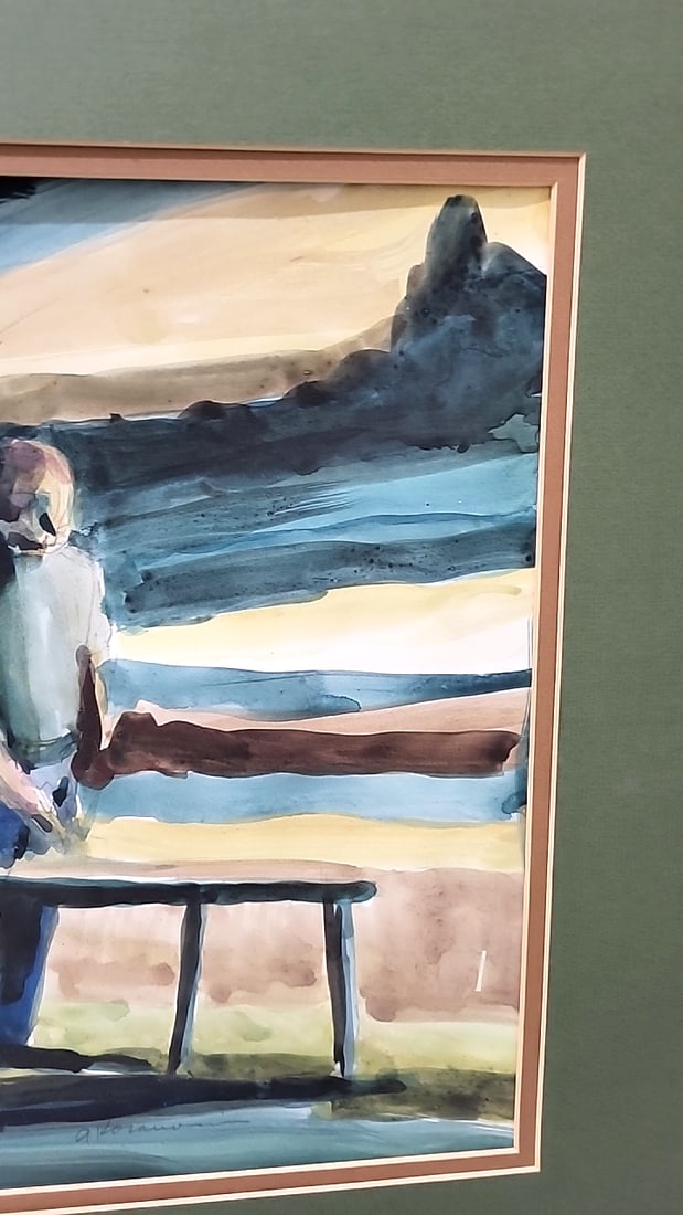 Framed Watercolor Painting Of Three Figures By Fence With Green Mat - 4