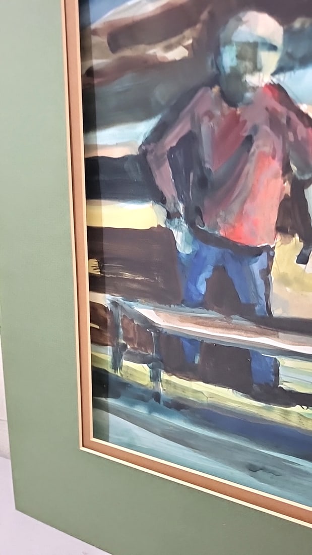 Framed Watercolor Painting Of Three Figures By Fence With Green Mat - 5