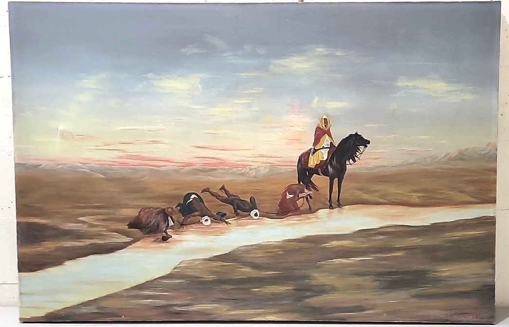 Maud Carlyon 19th Century Oil Painting On Canvas, Desert Horseman And Fallen Figures Landscape: 36x24x1 5lb attention – shipping artwork is very expensive. The shipping price shown in the listing is the liveshipping service by liveauctioneers. We offer our own in-house shipping as well