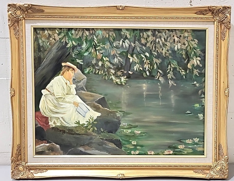 Anita Corby Signed Oil Painting Woman Reading By Lily Pond In Ornate Gold Frame: 29. 4x23. 5x2 5lb attention – shipping artwork is very expensive. The shipping price shown in the listing is the liveshipping service by liveauctioneers. We offer our own in-house shipping as