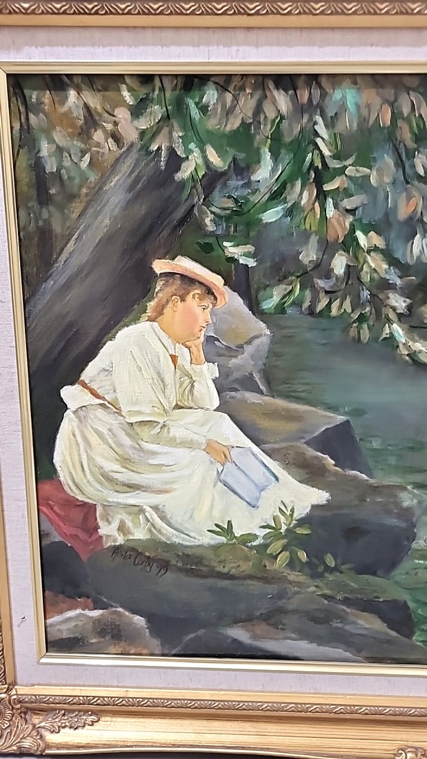 Anita Corby Signed Oil Painting Woman Reading By Lily Pond In Ornate Gold Frame - 2