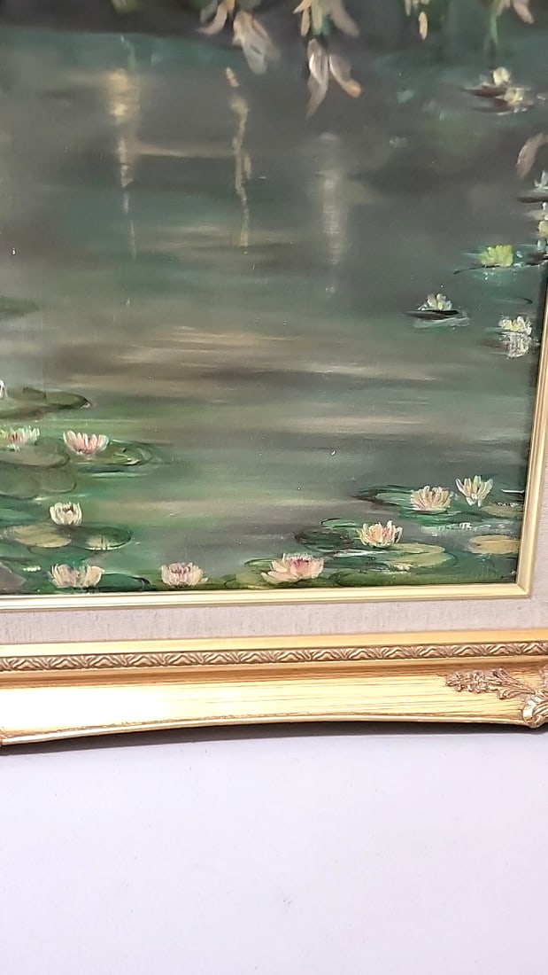 Anita Corby Signed Oil Painting Woman Reading By Lily Pond In Ornate Gold Frame - 4