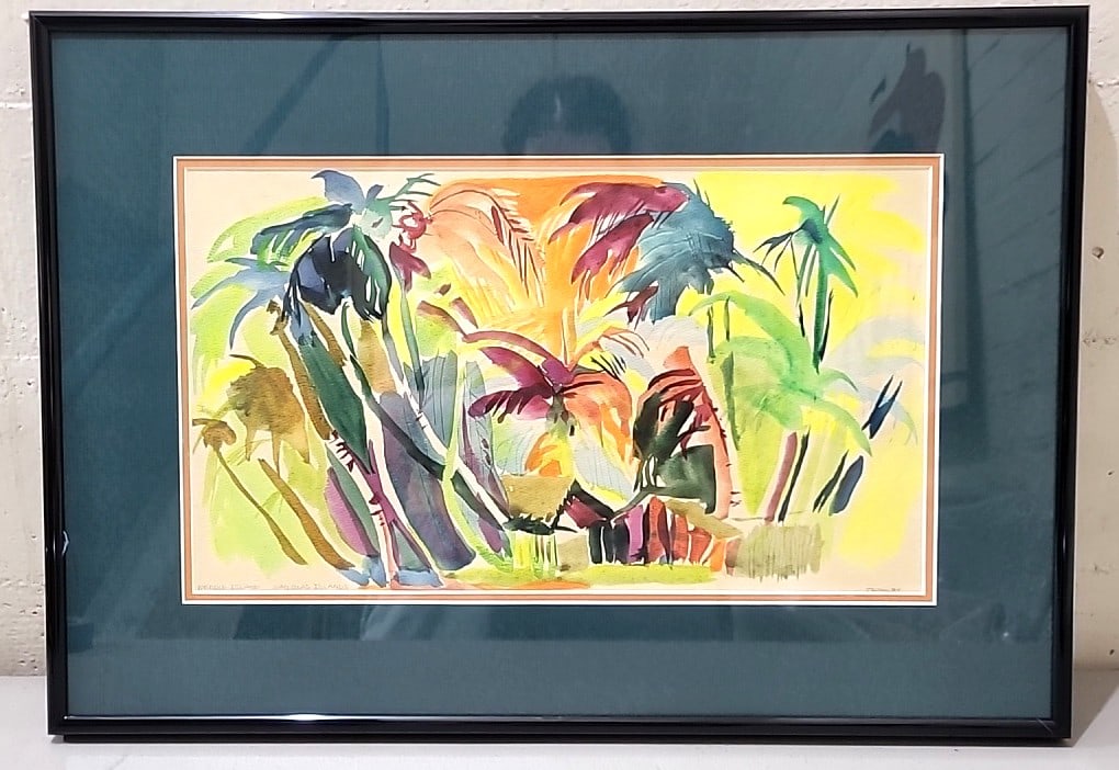 Crowley Signed Framed Tropical Palm Watercolor Artwork, Black Frame Teal Mat: 21. 5x15x1 5lb attention – shipping artwork is very expensive. The shipping price shown in the listing is the liveshipping service by liveauctioneers. We offer our own in-house shipping as well 