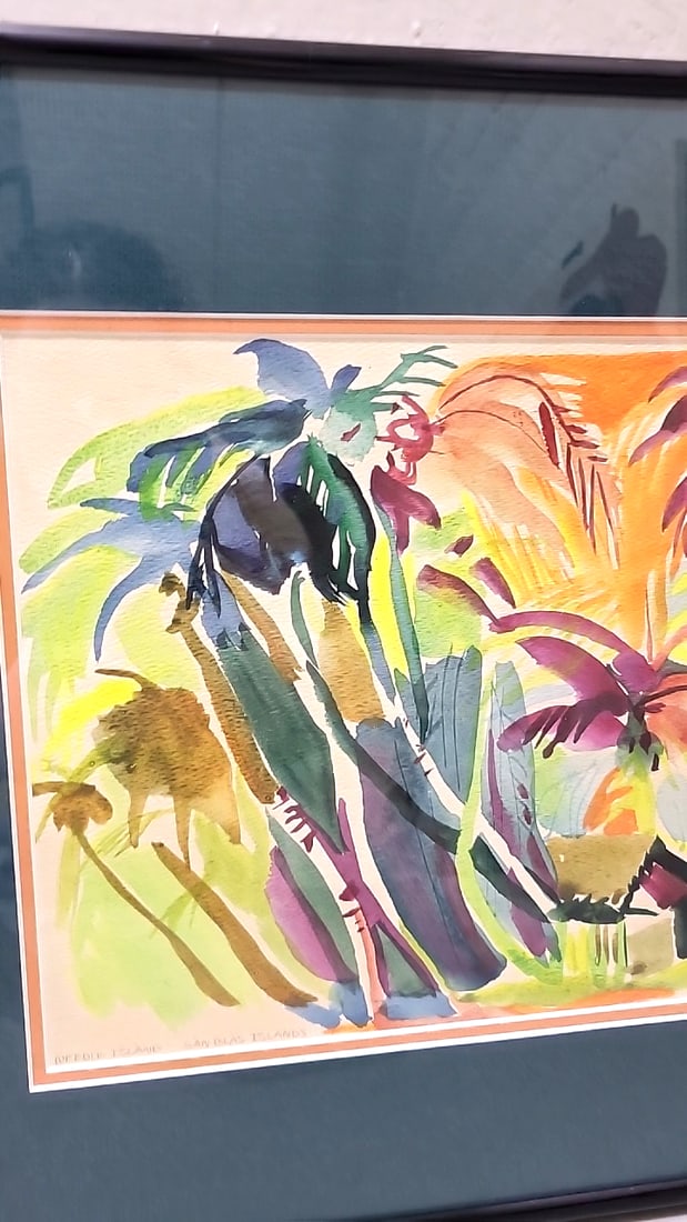 Crowley Signed Framed Tropical Palm Watercolor Artwork, Black Frame Teal Mat - 2