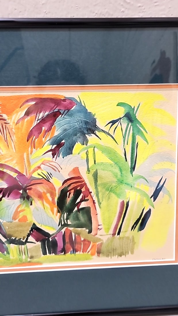 Crowley Signed Framed Tropical Palm Watercolor Artwork, Black Frame Teal Mat - 3