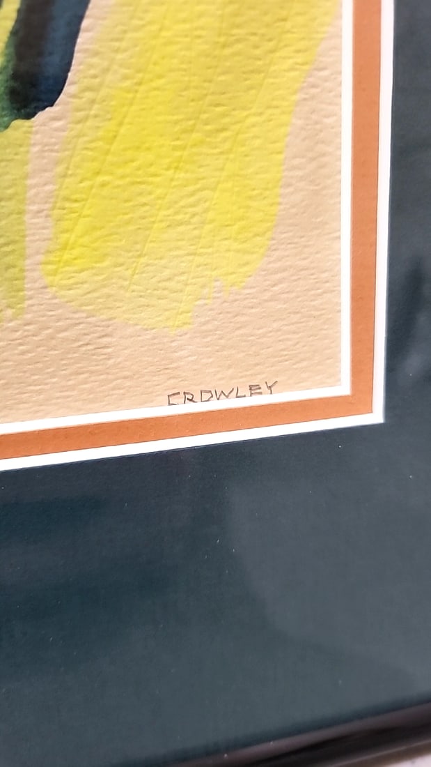 Crowley Signed Framed Tropical Palm Watercolor Artwork, Black Frame Teal Mat - 4