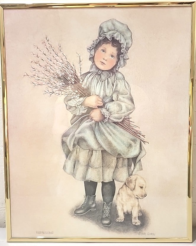 Robert Gentry Pussywillows Framed Print Girl With Dog Gold Tone Frame: 20x16x1 5lb attention – shipping artwork is very expensive. The shipping price shown in the listing is the liveshipping service by liveauctioneers. We offer our own in-house shipping as well