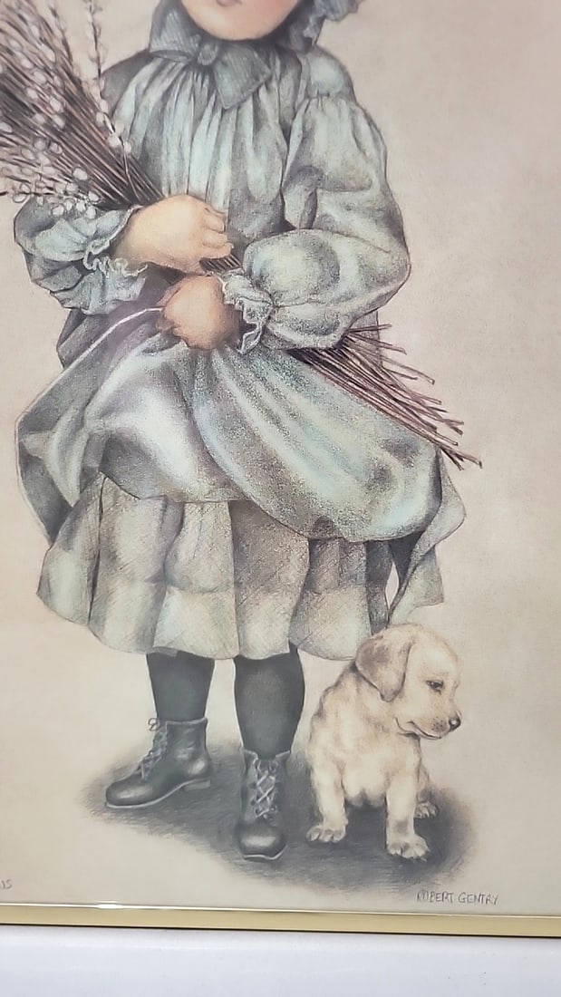 Robert Gentry Pussywillows Framed Print Girl With Dog Gold Tone Frame - 3