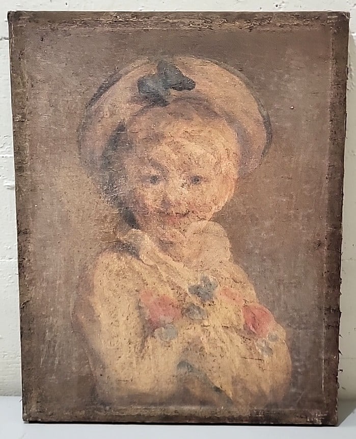 Portrait Painting On Canvas Of Child In Bonnet Holding Flowers: 16x20. 5x1 5lb attention – shipping artwork is very expensive. The shipping price shown in the listing is the liveshipping service by liveauctioneers. We offer our own in-house shipping as well 