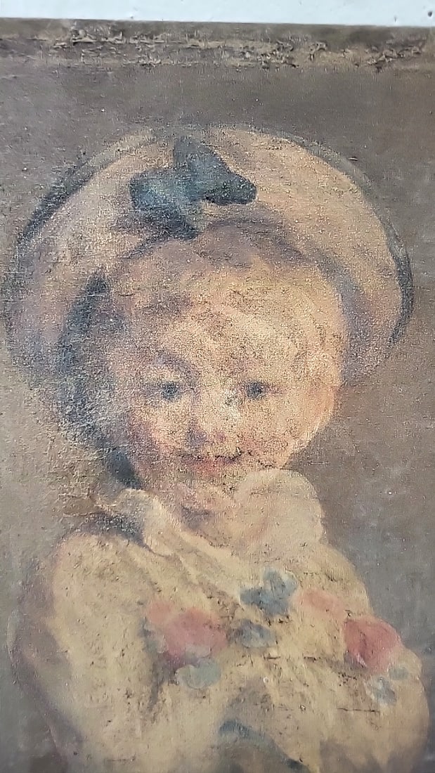 Portrait Painting On Canvas Of Child In Bonnet Holding Flowers - 2