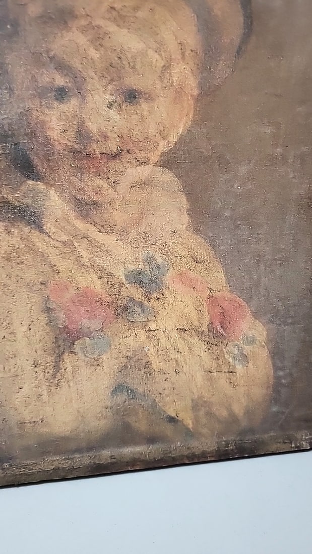 Portrait Painting On Canvas Of Child In Bonnet Holding Flowers - 3