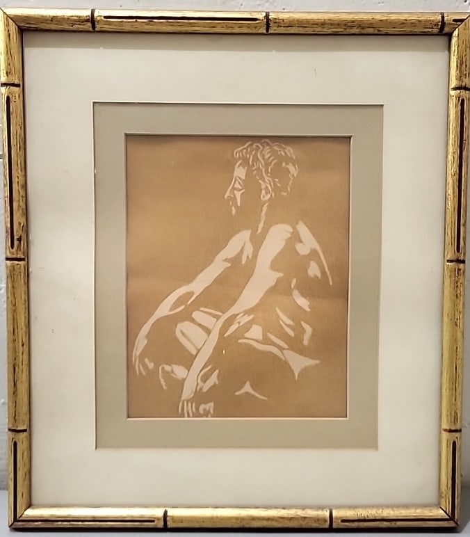 Framed Seated Figure Artwork With Beige Mat And Gold-tone Bamboo-style Frame: 15x17x1 5lb attention – shipping artwork is very expensive. The shipping price shown in the listing is the liveshipping service by liveauctioneers. We offer our own in-house shipping as well whi