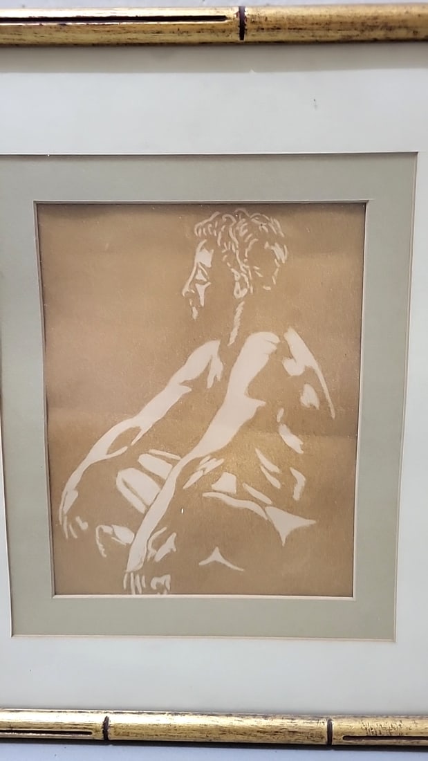 Framed Seated Figure Artwork With Beige Mat And Gold-tone Bamboo-style Frame - 2