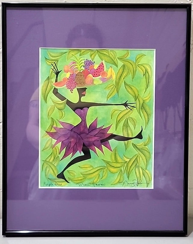 Nancy Hoke Framed Purple Dress Tropical Dancer Fruit Hat Art Print With Purple Mat Maui Hawaii: 13. 5x16. 5x1 5lb attention – shipping artwork is very expensive. The shipping price shown in the listing is the liveshipping service by liveauctioneers. We offer our own in-house shipping as