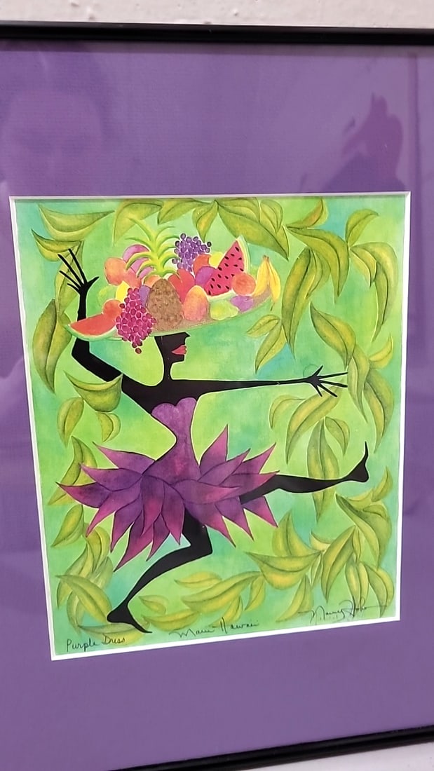 Nancy Hoke Framed Purple Dress Tropical Dancer Fruit Hat Art Print With Purple Mat Maui Hawaii - 2