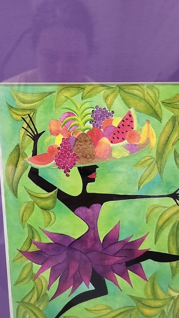 Nancy Hoke Framed Purple Dress Tropical Dancer Fruit Hat Art Print With Purple Mat Maui Hawaii - 3