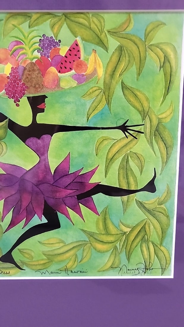 Nancy Hoke Framed Purple Dress Tropical Dancer Fruit Hat Art Print With Purple Mat Maui Hawaii - 4