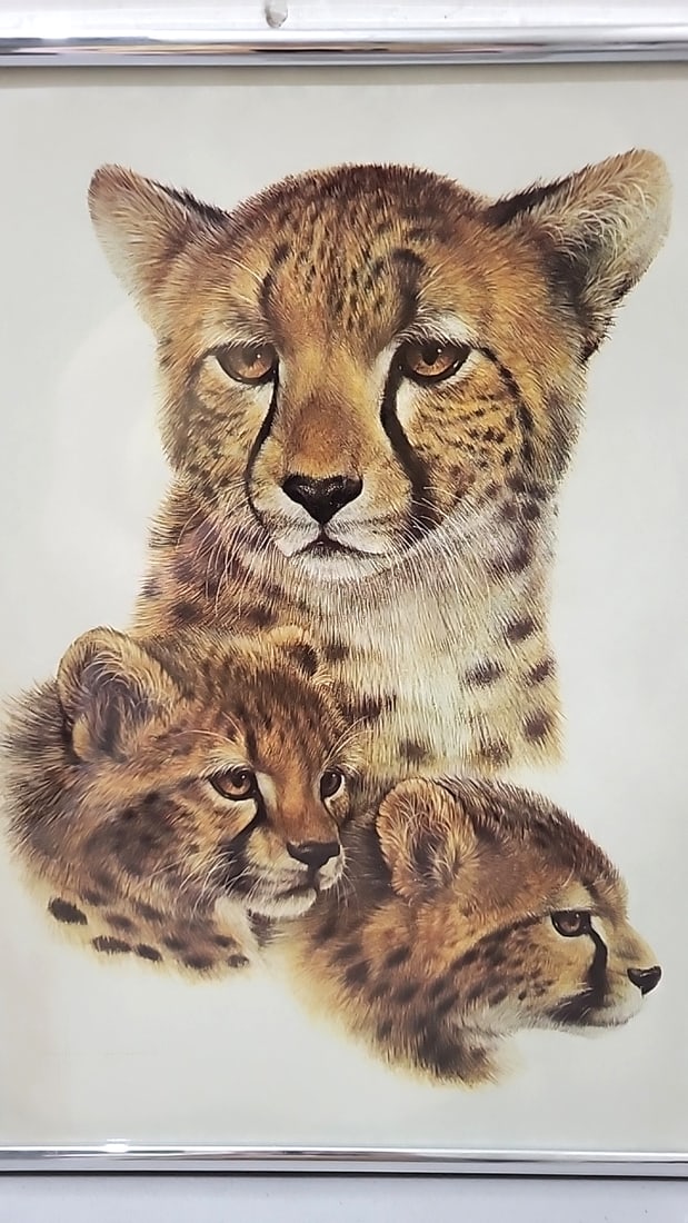 Framed Signed Cheetah Mother And Cubs Wildlife Art Print, Silver-tone Frame - 2