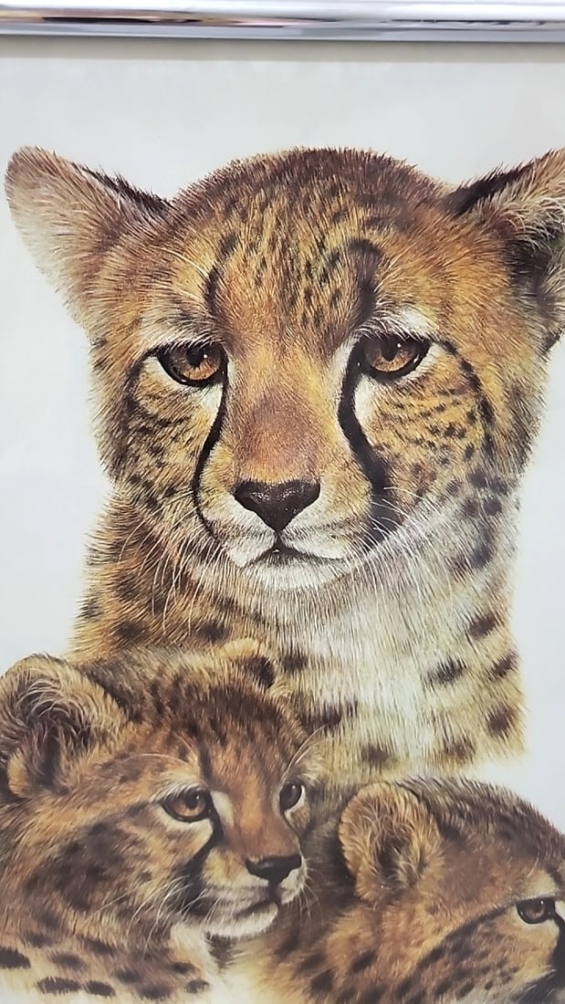 Framed Signed Cheetah Mother And Cubs Wildlife Art Print, Silver-tone Frame - 3