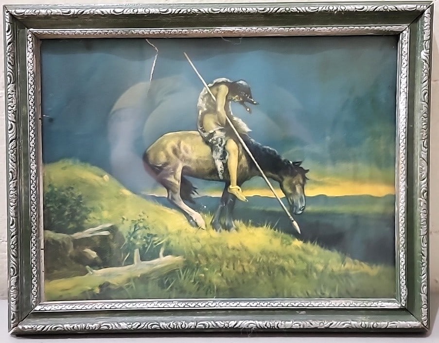Framed Native American Warrior On Horseback Print With Ornate Silver Tone Frame As Is: 13. 5x10. 5x1 1lb attention – shipping artwork is very expensive. The shipping price shown in the listing is the liveshipping service by liveauctioneers. We offer our own in-house shipping as we