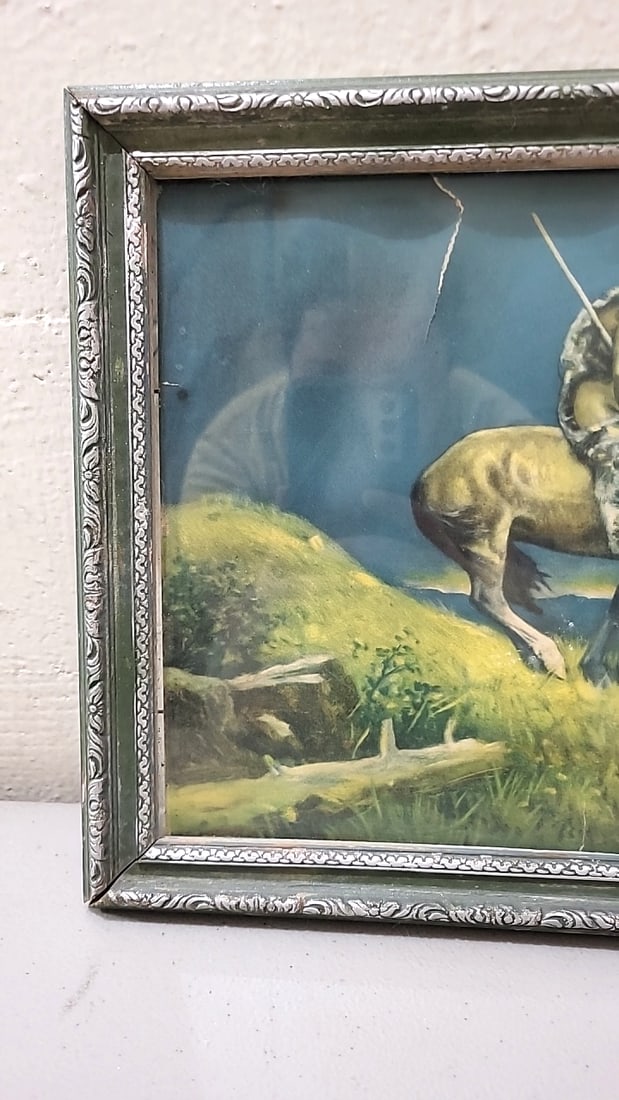 Framed Native American Warrior On Horseback Print With Ornate Silver Tone Frame As Is - 3