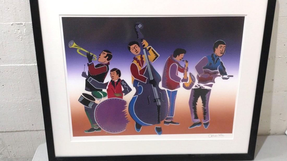 Framed Signed Arturo Mtz. Native American Band Art Print: Good metal glass frame30x24x1 - 7 lbs attention – shipping artwork is very expensive. The shipping price shown in the listing is the liveshipping service by liveauctioneers. We offer our own