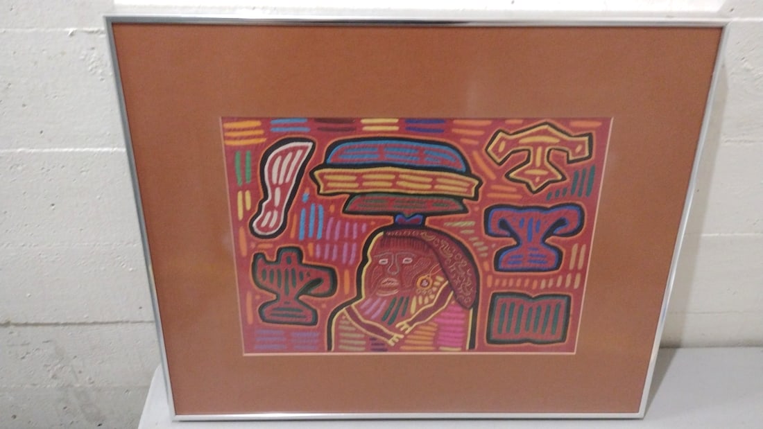 Framed Colorful Folk Art Textile Artwork, Figure With Basket Motif: Good glass metal frame24x20x1 - 5 lbs attention – shipping artwork is very expensive. The shipping price shown in the listing is the liveshipping service by liveauctioneers. We offer our own in-