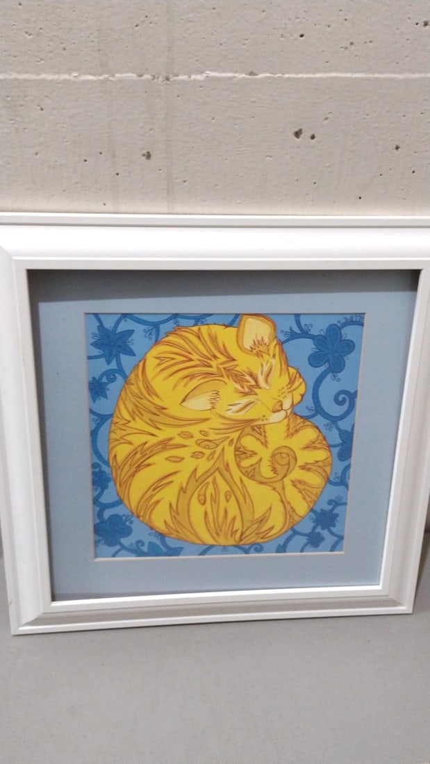 Framed Orange Sleeping Cat Illustration Blue Floral Background: Good, loose wood frame20x20x1 3 lbs attention – shipping artwork is very expensive. The shipping price shown in the listing is the liveshipping service by liveauctioneers. We offer our own
