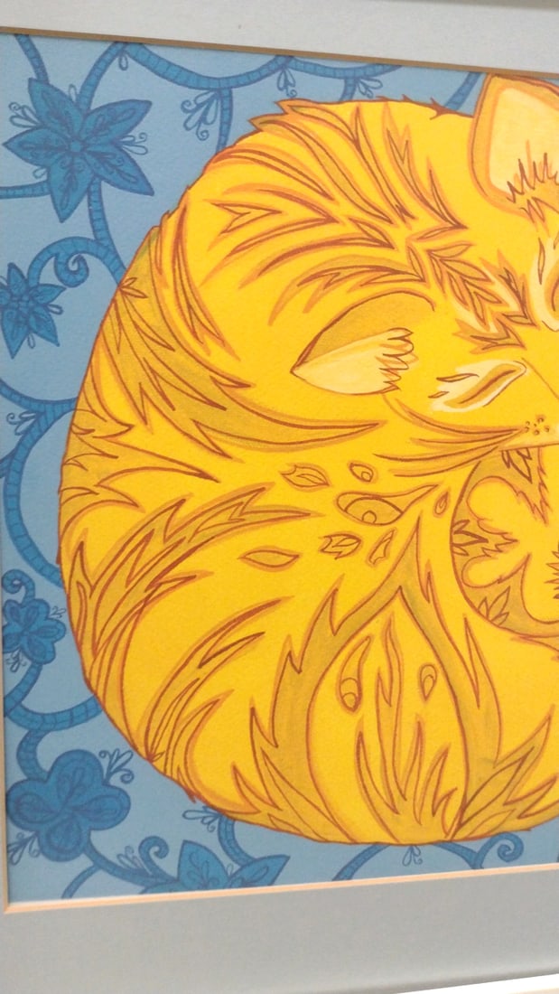 Framed Orange Sleeping Cat Illustration Blue Floral Background - 2