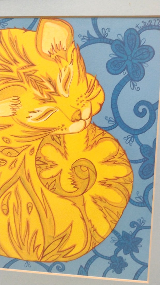 Framed Orange Sleeping Cat Illustration Blue Floral Background - 3