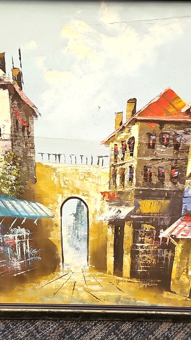 Framed Impressionist European Street Scene Painting On Canvas With Black Gold Frame - 2
