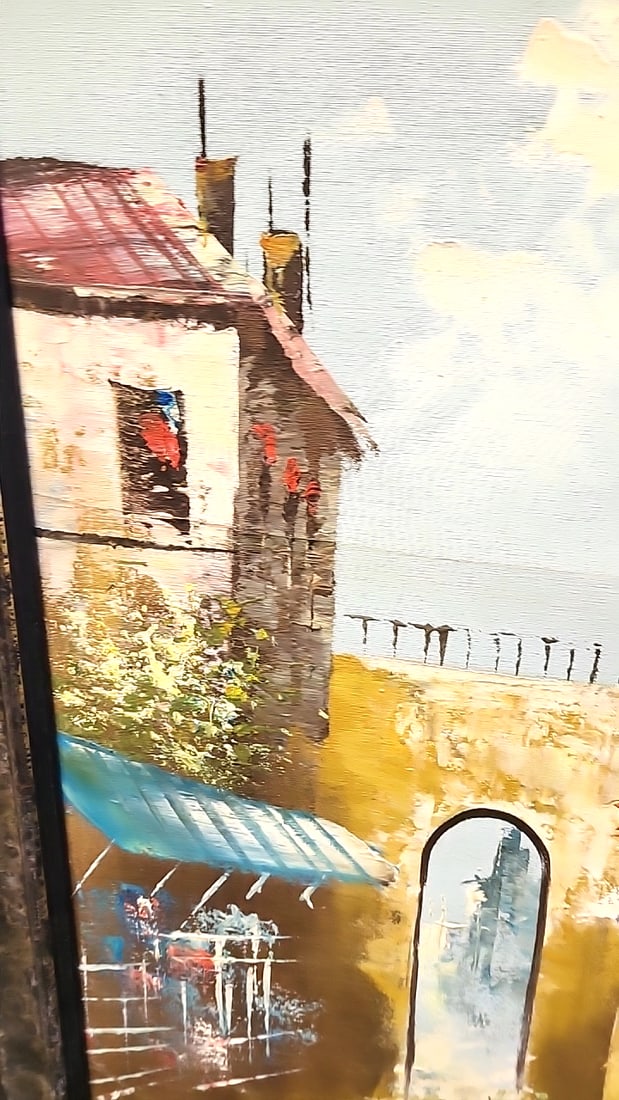 Framed Impressionist European Street Scene Painting On Canvas With Black Gold Frame - 4