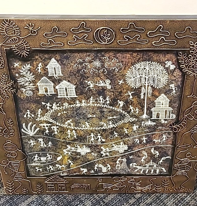 Framed Warli Tribal Folk Art Painting, White On Dark Canvas, Copper-tone Embossed Frame: 24x24x2 3 attention – shipping artwork is very expensive. The shipping price shown in the listing is the liveshipping service by liveauctioneers. We offer our own in-house shipping as well