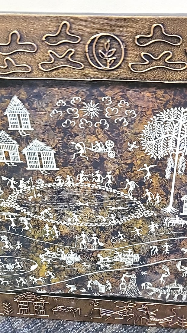 Framed Warli Tribal Folk Art Painting, White On Dark Canvas, Copper-tone Embossed Frame - 2