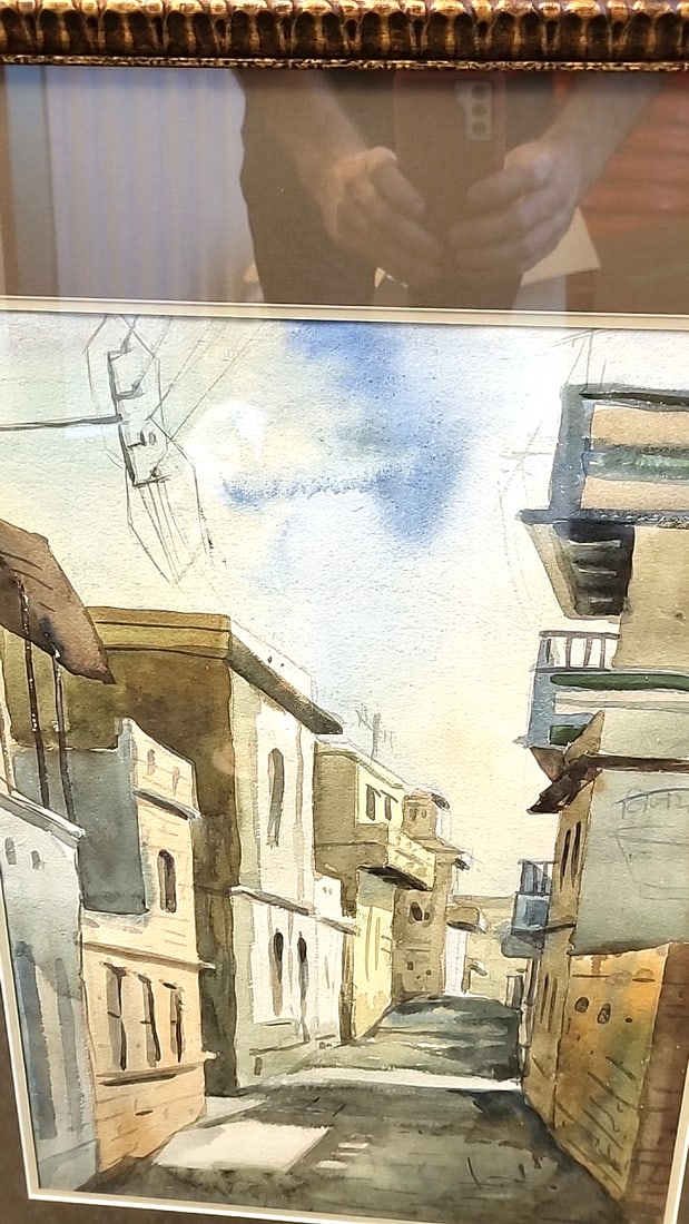 Framed Watercolor Street Scene Painting, Narrow Alley Cityscape, Ornate Gold Frame - 2
