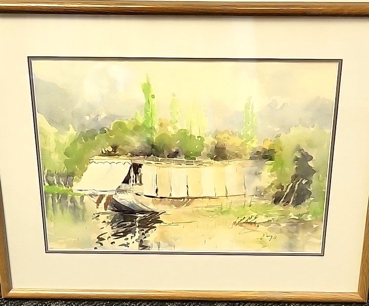 Framed Watercolor Houseboat River Landscape Painting, Signed, Dated 1979, Approx 24 In Wide: 24x18x2 5 attention – shipping artwork is very expensive. The shipping price shown in the listing is the liveshipping service by liveauctioneers. We offer our own in-house shipping as well which