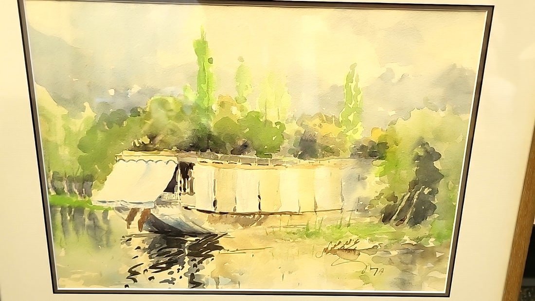 Framed Watercolor Houseboat River Landscape Painting, Signed, Dated 1979, Approx 24 In Wide - 2